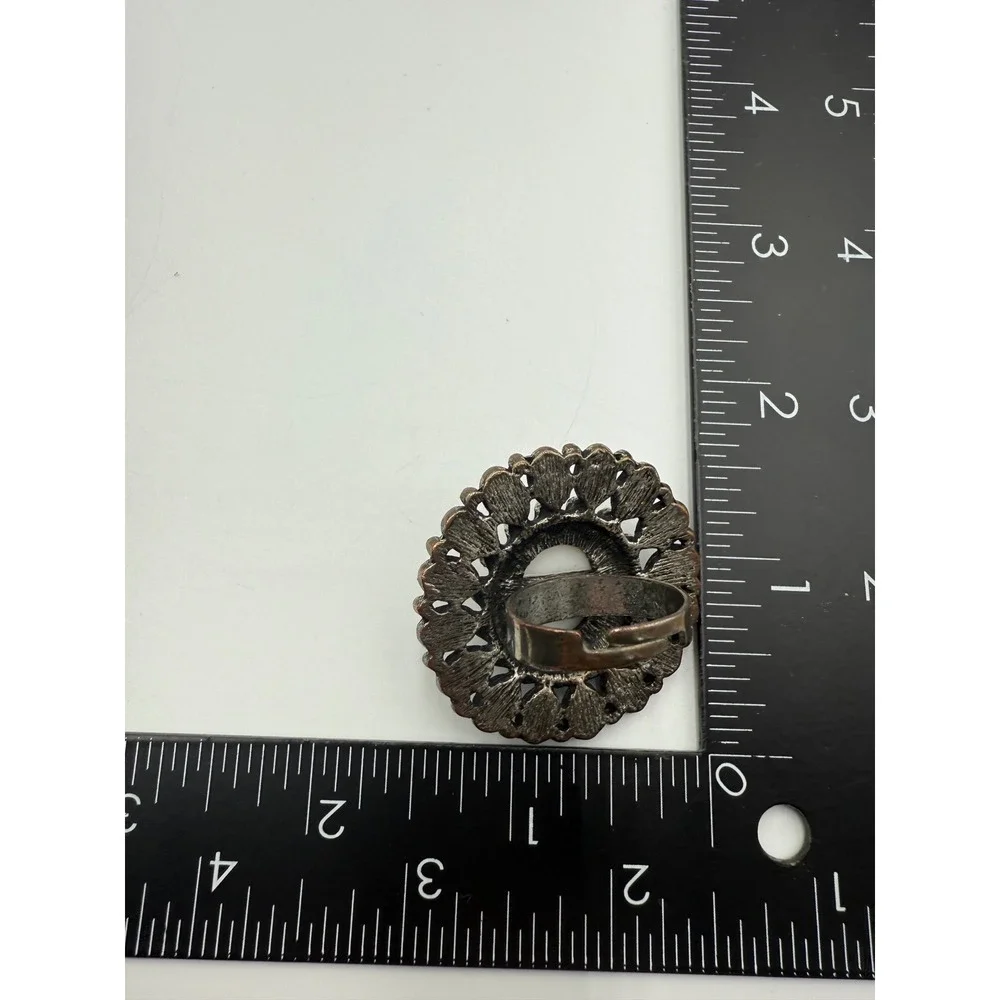 Vintage Style White Sunburst Statement Ring Adjustable Silver Tone Boho Cabochon